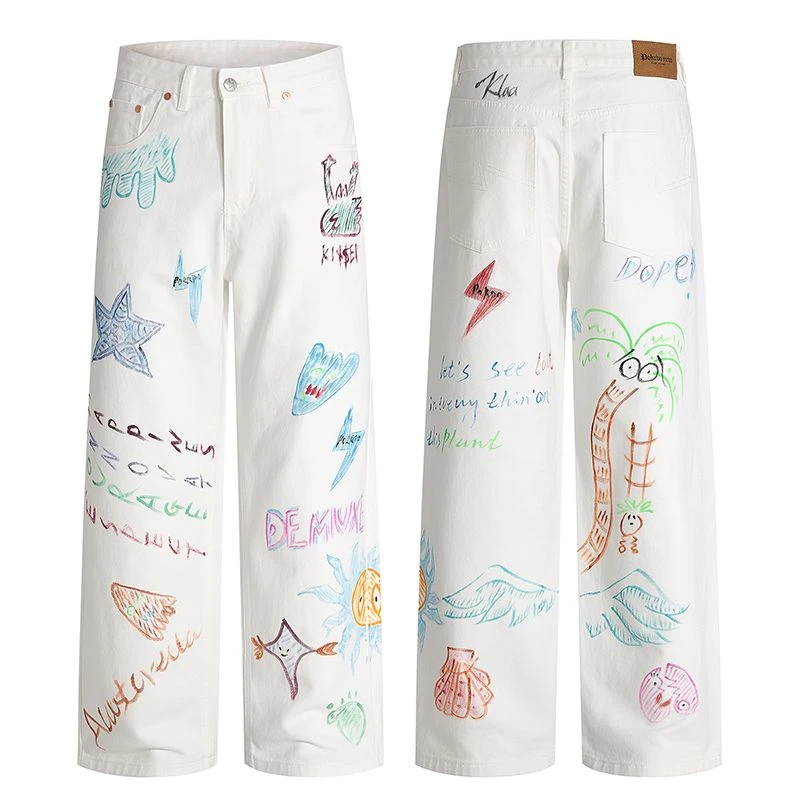 【涂鸦闪电牛】25SS美式潮牌嘻哈闪电牛仔裤男款设计感宽松阔腿裤