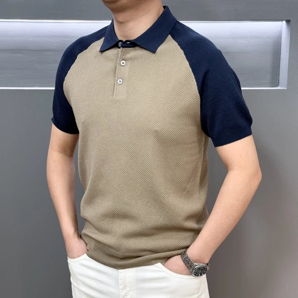 2025男士新品撞色菠萝纹潮流时尚帅气百搭精致Polo衫短袖8063