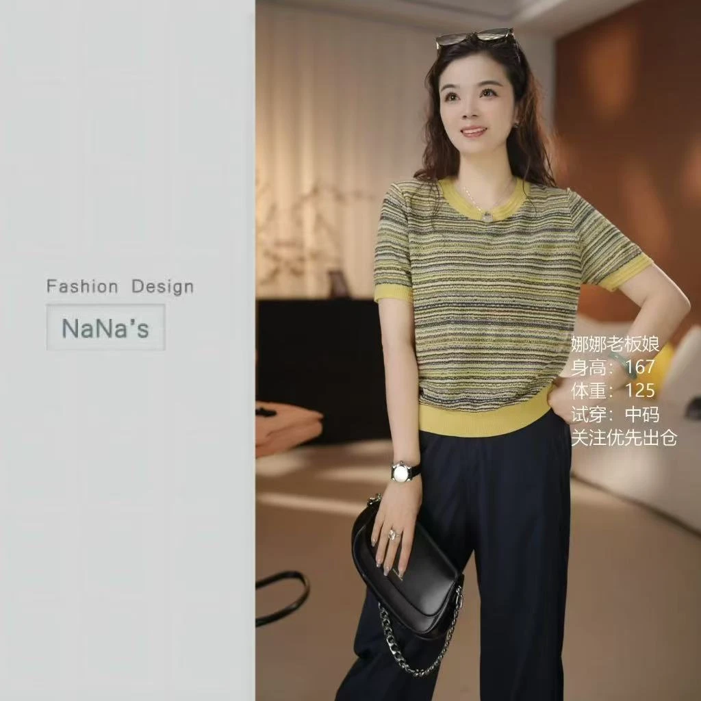 NaNa's 【莱赛尔天丝】撞色条纹拼色复古圆领针织衫打底T恤套头3726