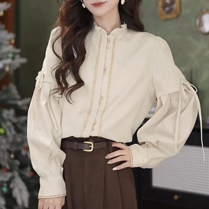 2025春秋复古长袖衬衫女宽松显瘦设计感小众气质上衣打底衫2851