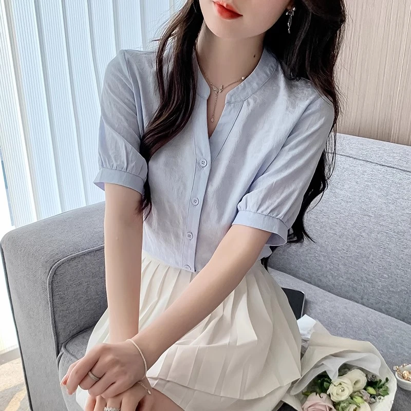 夏季新款小个子纯棉短袖衬衫女时尚洋气V领小衫百搭透气棉麻上衣
