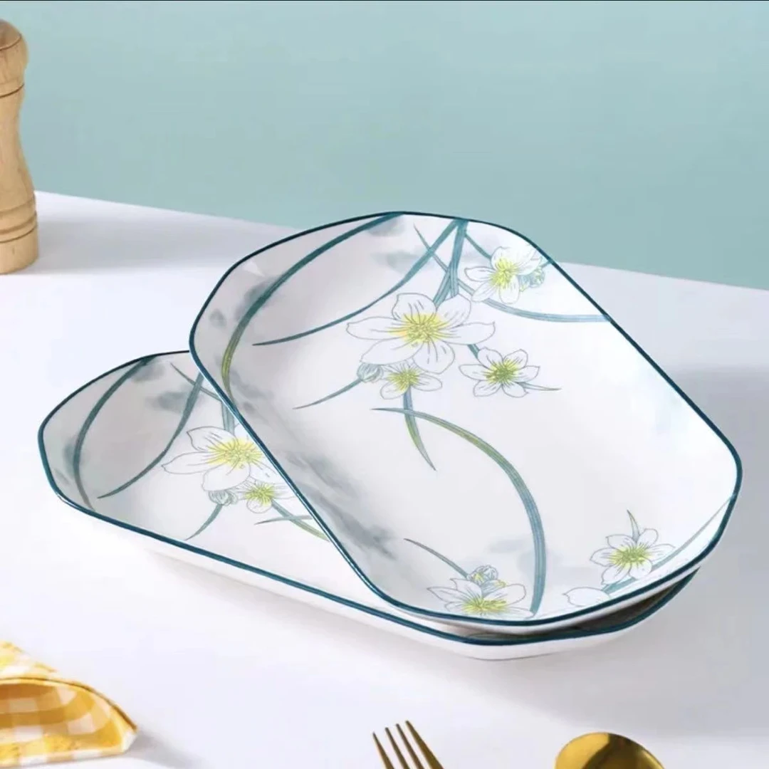 水仙花鱼盘陶瓷加大号长方形深鱼盘蒸烤全鱼盘创意简约家用盘子