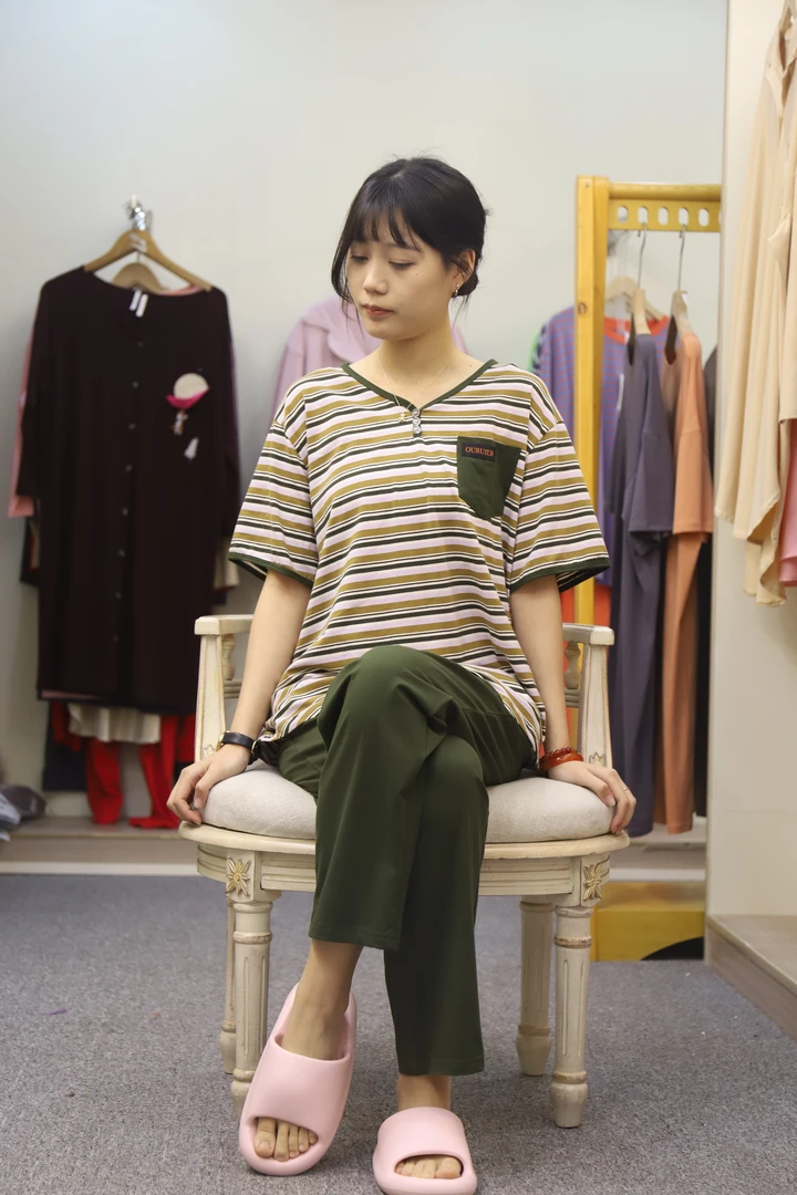 条纹舒适纯棉短袖薄款长裤睡衣套装时尚可外穿宽松大码