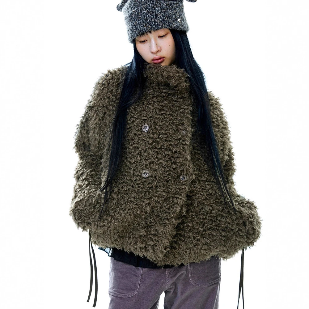 韩货-毛绒绒系带双排扣夹克上衣女2025秋冬宽松慵懒风外套coyse*o