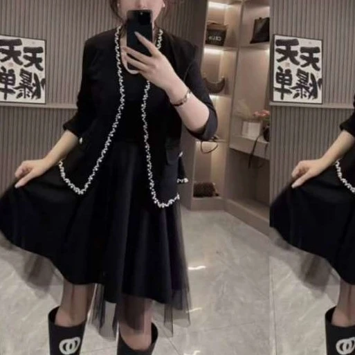 大码女装时尚气质钉珠西服外套吊带连衣裙套装