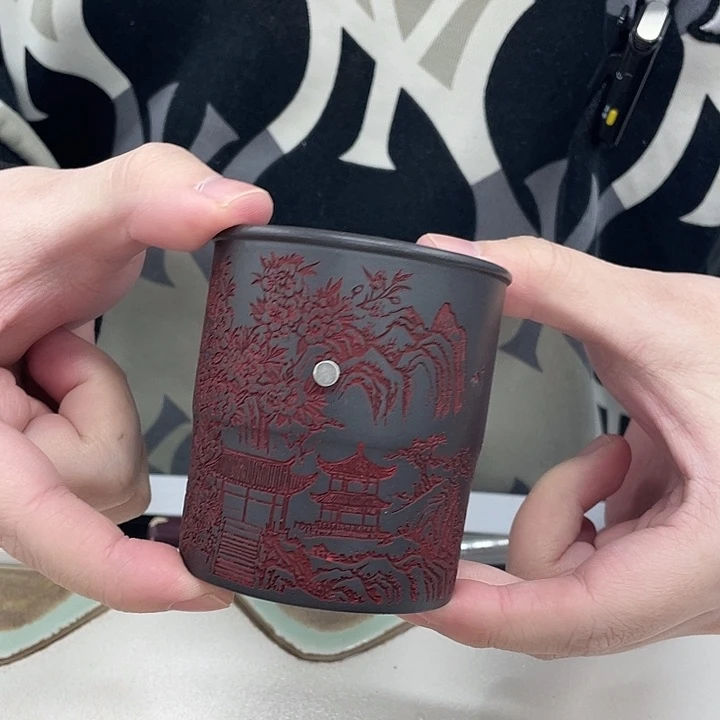 茶杯紫砂石黄刻绘主人杯