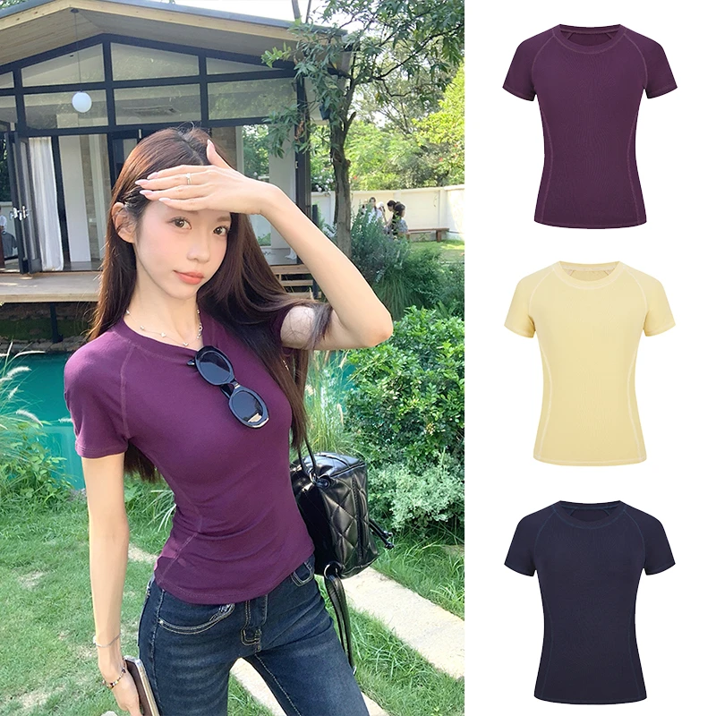 Moses Queen/魔西女王夏季韩系chic别致纯色短袖女夏收腰显瘦上衣