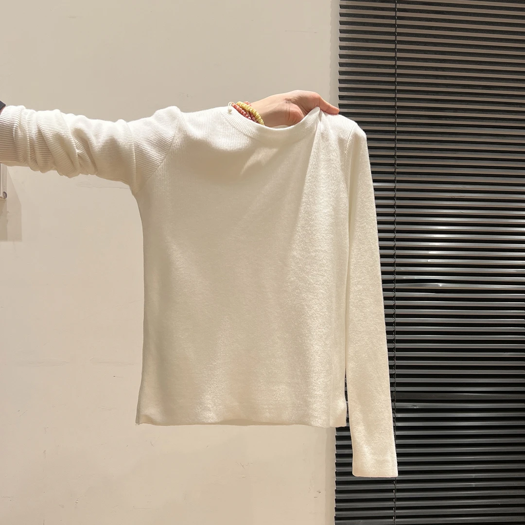 韩系白色圆领针织衫长袖女2025秋季新休闲修身显瘦基础款上衣