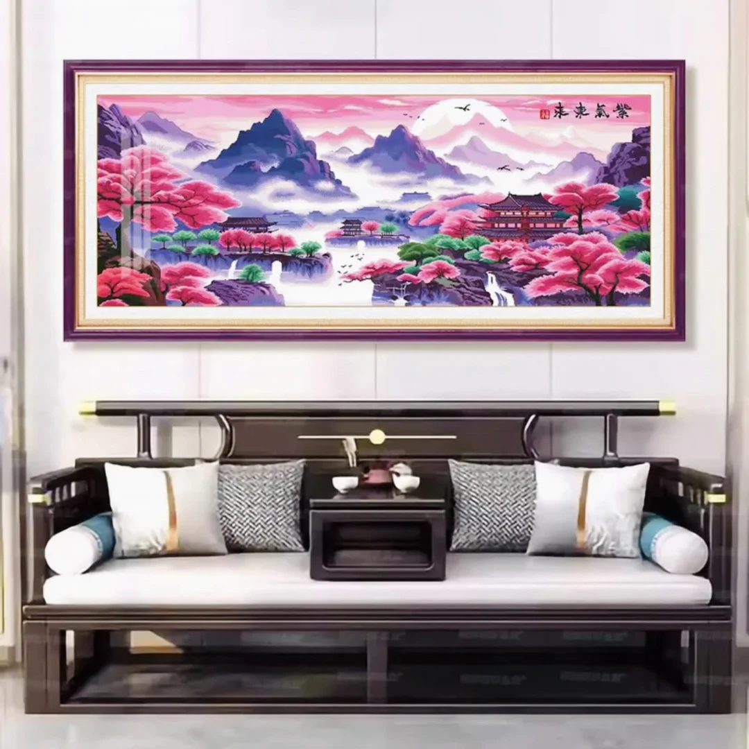 蒙娜丽莎十字绣阁楼版紫气东来山水画新款客厅办公室风景50色