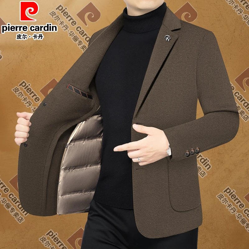 皮尔卡丹冬季新款中年男士双面羊毛呢西服可脱卸内胆鸭绒加厚保暖