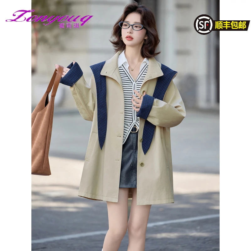 紫雨琪2025秋季新款宽松显瘦百搭中长款格子拼接连帽风衣外套女