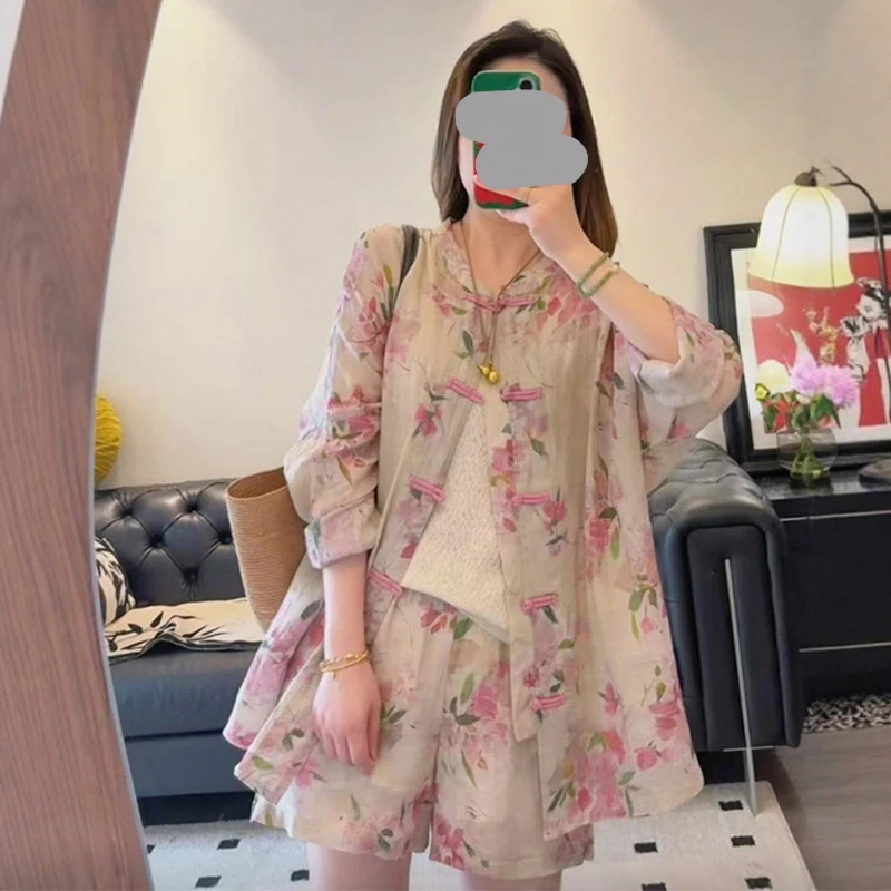 新中式禅意套装女改良盘扣衬衫减龄穿搭一整套碎花短裤新款两件套