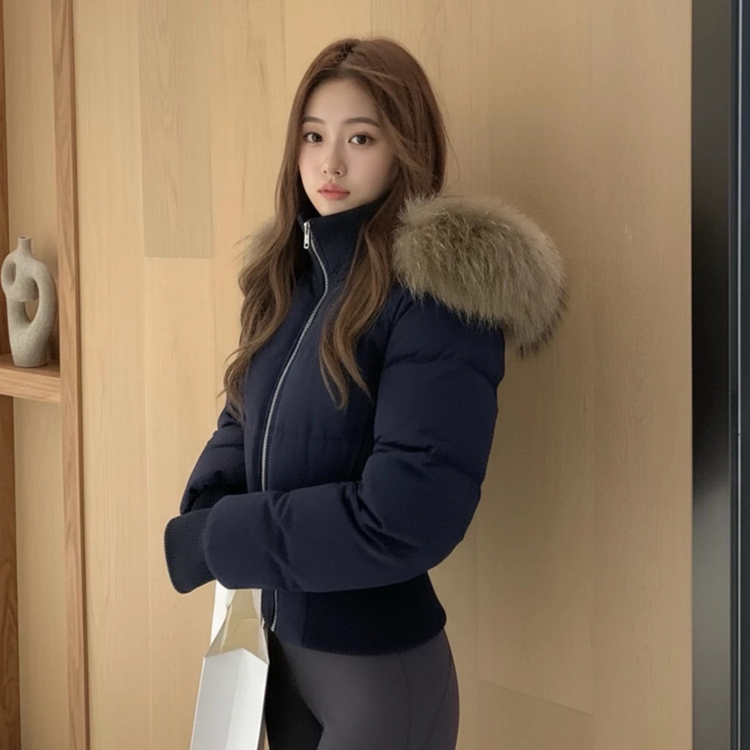 粉色连帽带毛领外套女2025年秋冬新款短款百搭棉服百搭高级感外套