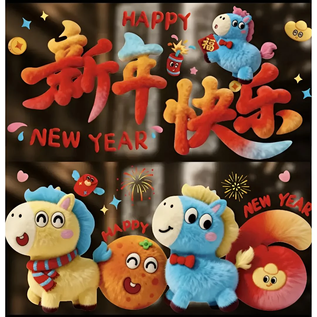 抢【包邮】2026新年5D毛绒窗花装饰贴纸新年布置马年春节装饰玻璃贴