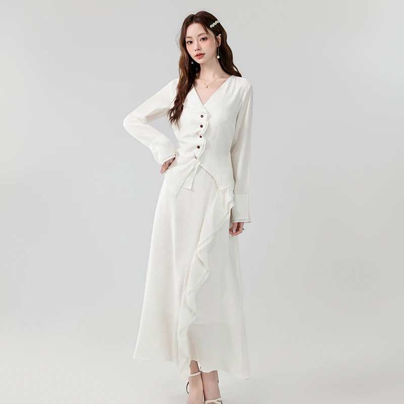 春季国风中式气质修身显瘦米白色长袖上衣长款半身裙两件套装裙