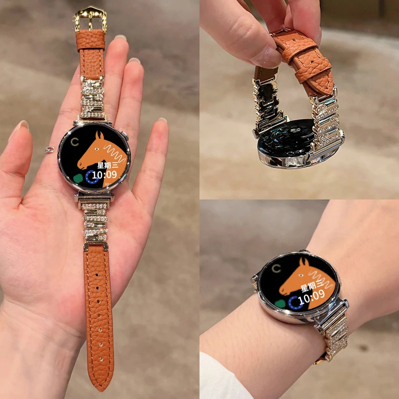 适用华为手表gt6表带秋冬新款金属皮质gt5镶钻高端gt4女款表链gt3