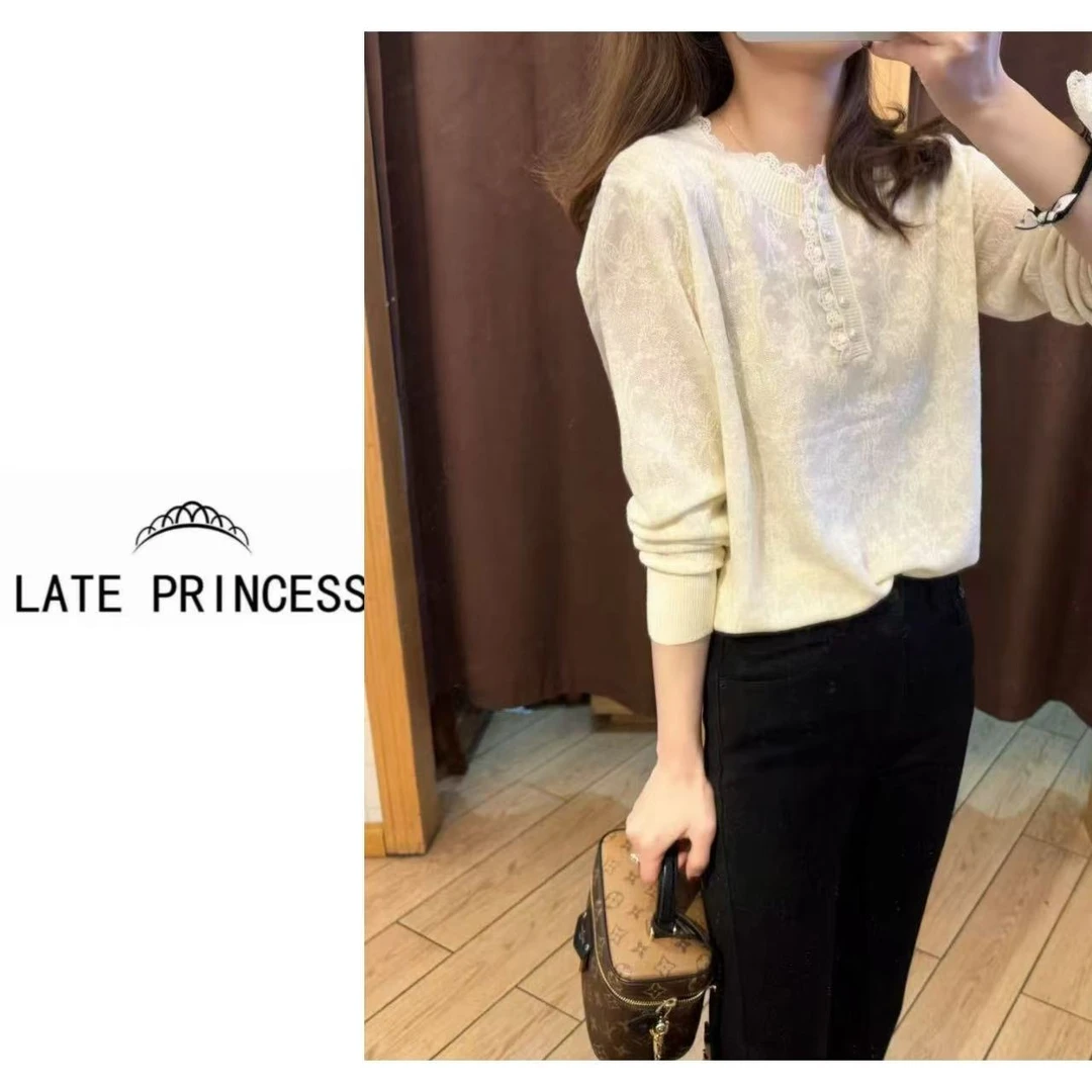 LATE PRINCESS【泡泡】早春新款小香风简约气质花边珍珠领针织衫