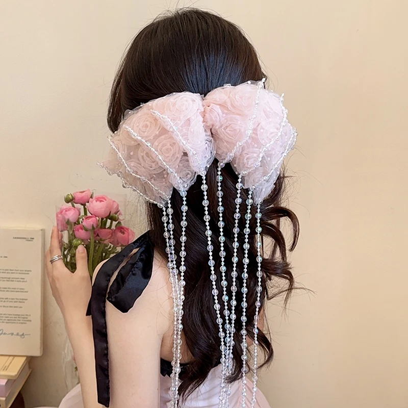 灵动玫瑰~小香风超仙流苏云朵发夹女气质后脑勺一字夹优雅弹簧夹