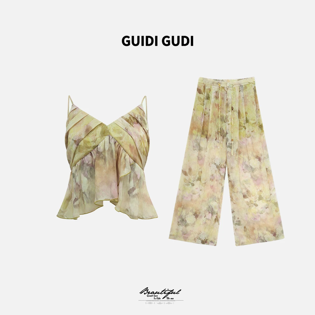 GUIDI GUDI【浮空城】黄加蓝两件套背心+休闲裤套装 D9520051H