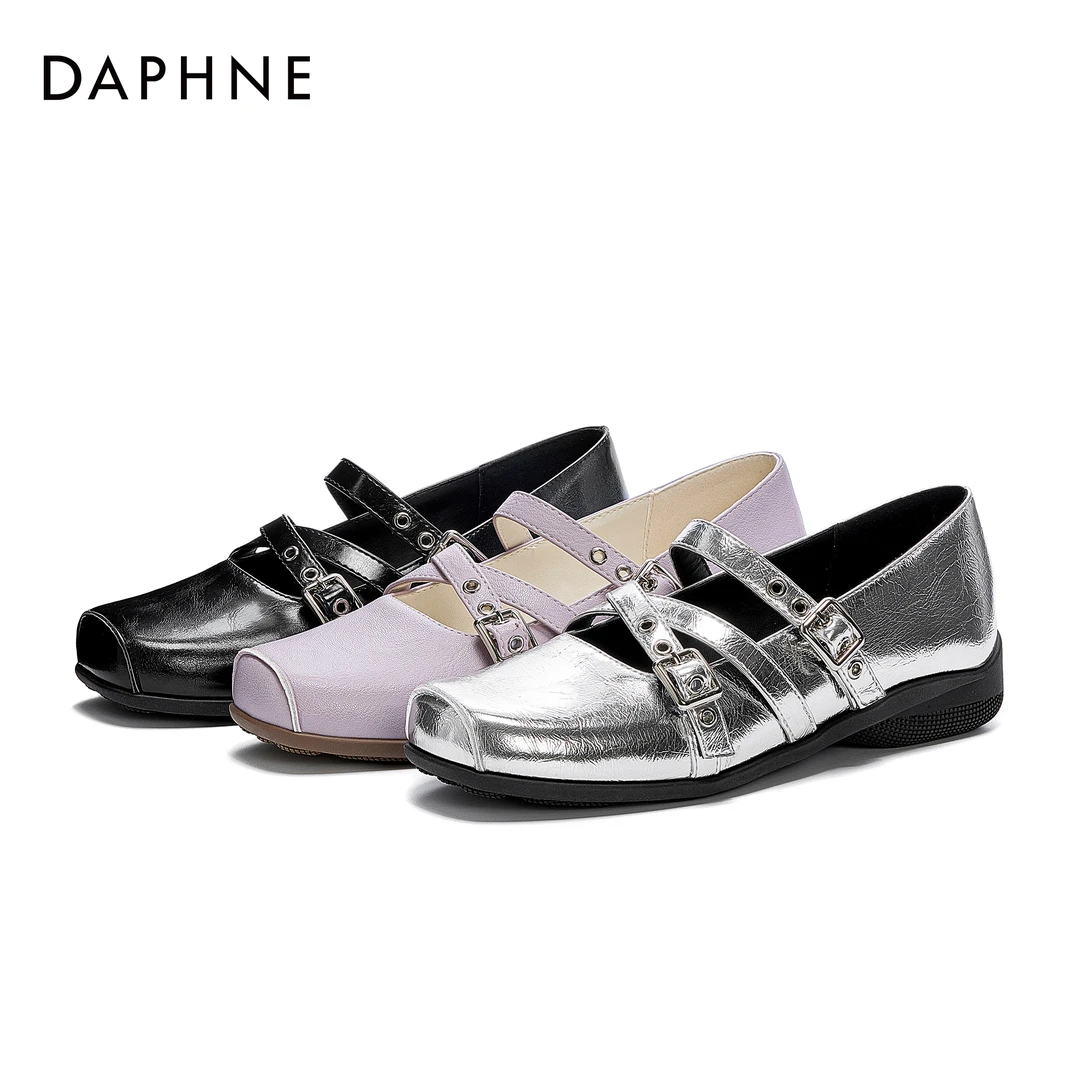 达芙妮时尚复古芭蕾舞鞋2025夏季交叉扣方头单鞋百搭平底玛丽珍鞋