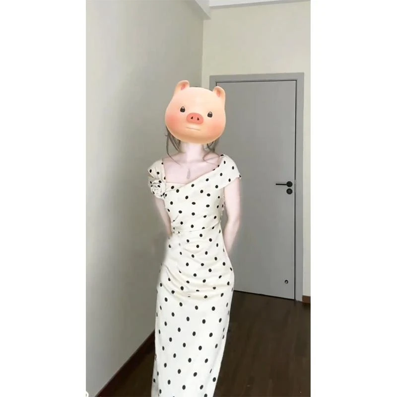 春野漫法式立体花朵收腰短袖波点连衣裙春夏新款赫本风气质长裙子