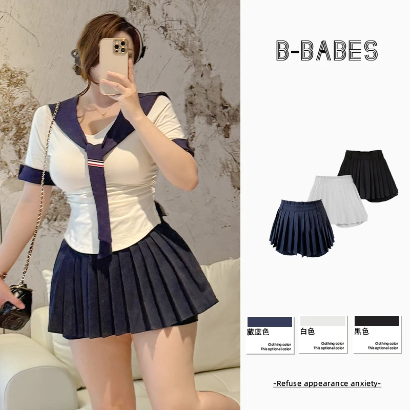 B-babes【舒适假期】甜美风辣妹含打底防走光减龄a字百褶半身裙