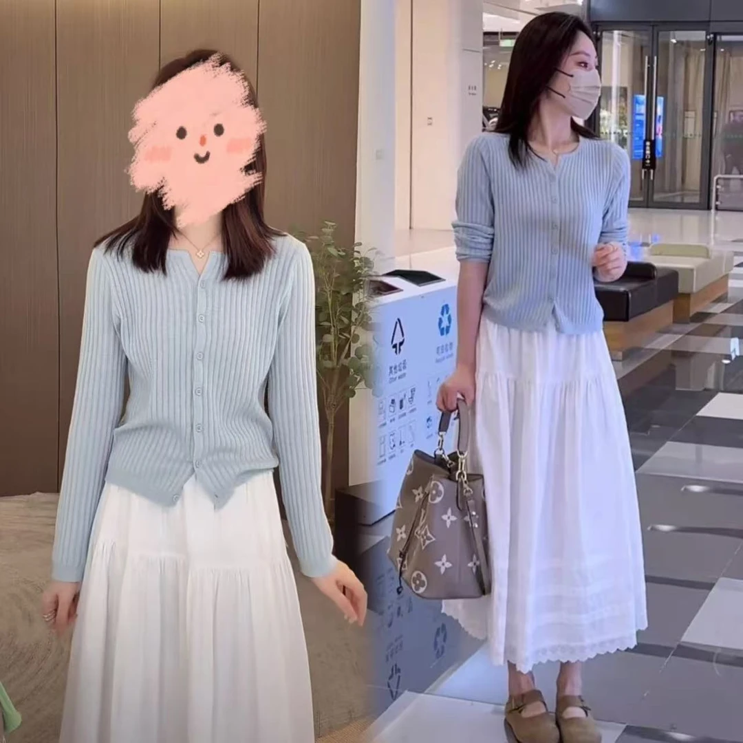 2025温柔知性韩系针织开衫女+花边拼接·内衬防走光·淑女半身裙春