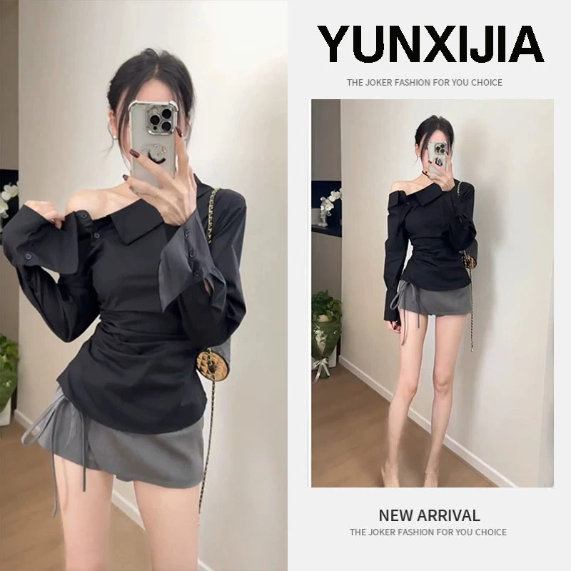 2025春季新款法式减龄洋气斜肩短款长袖衬衫上衣衬衣短裙两件套