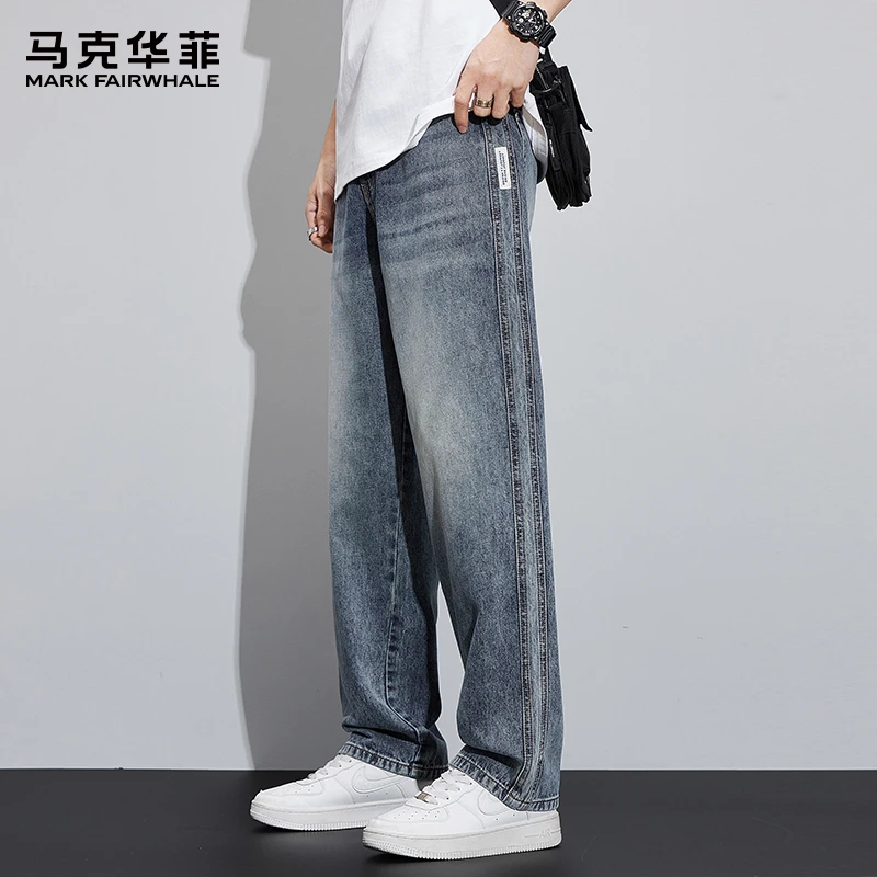 马克华菲美式复古牛仔裤男士春秋季新款宽松直筒潮牌高街阔腿裤子