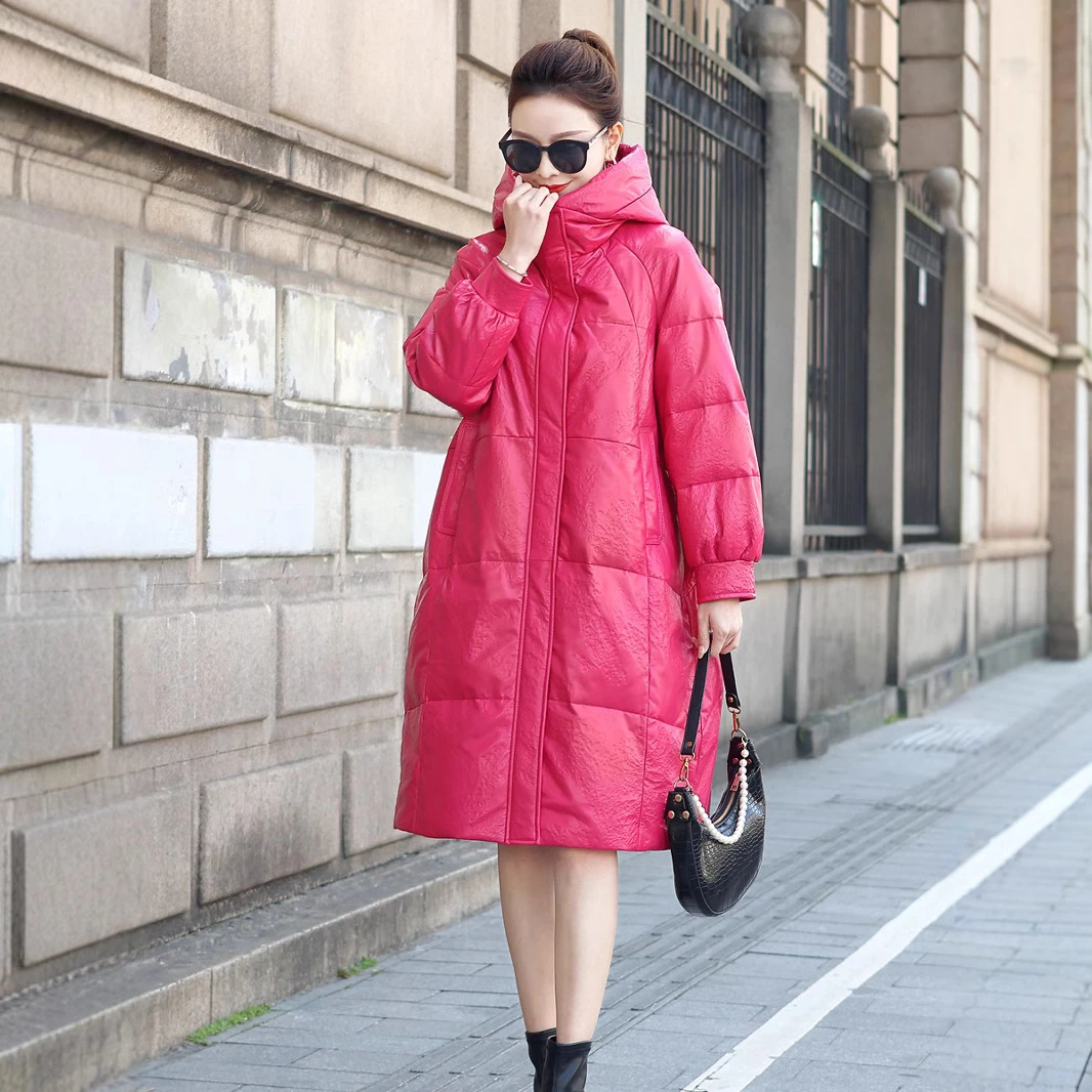 设计师款冬季头层绵羊皮真皮羽绒服女宽松显瘦中长款时尚连帽皮衣