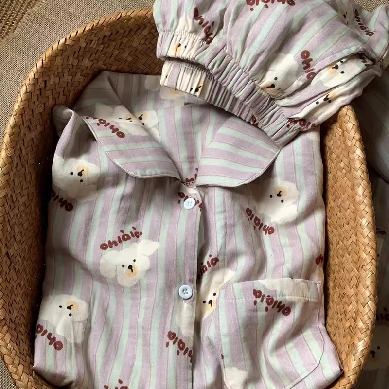 【字母彩条小白】春秋条纹长袖睡衣女韩版云朵绵卡通小狗套装家居服