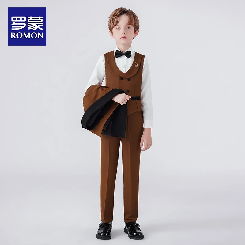 Romon/罗蒙男童小西服马甲套装罗蒙双排扣主持人英伦风休闲礼服