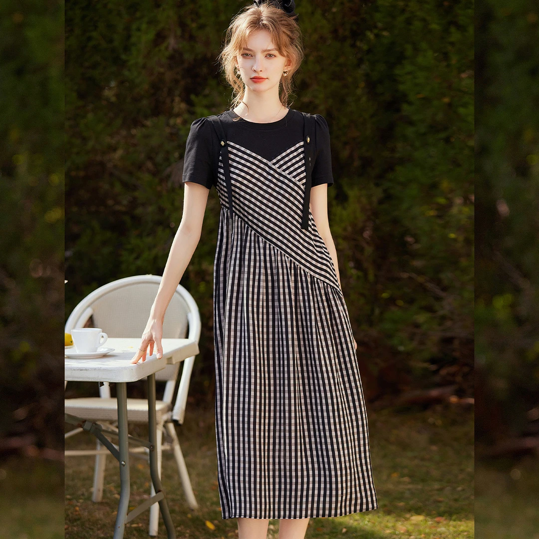 【商场同款新品】白鹿语新款时尚气质拼接格纹连衣裙WYU20020