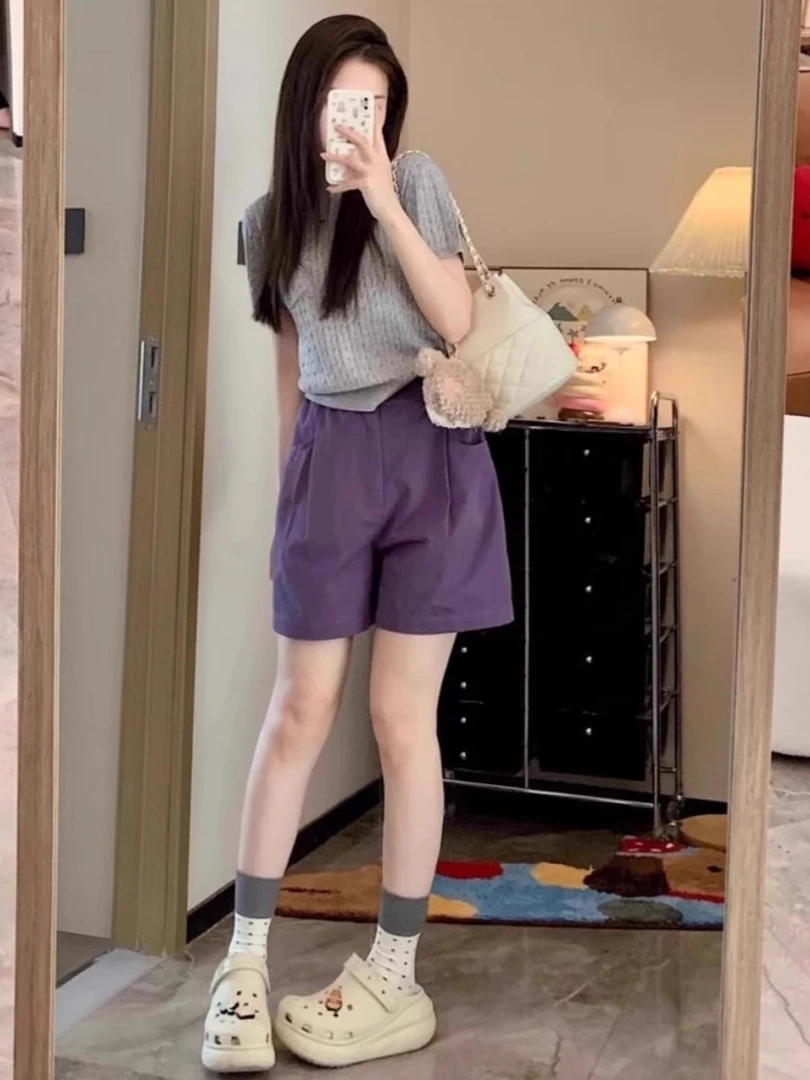 夏装搭配一整套冷淡系独特别致休闲时尚盐系轻熟紫色短裤两件套装
