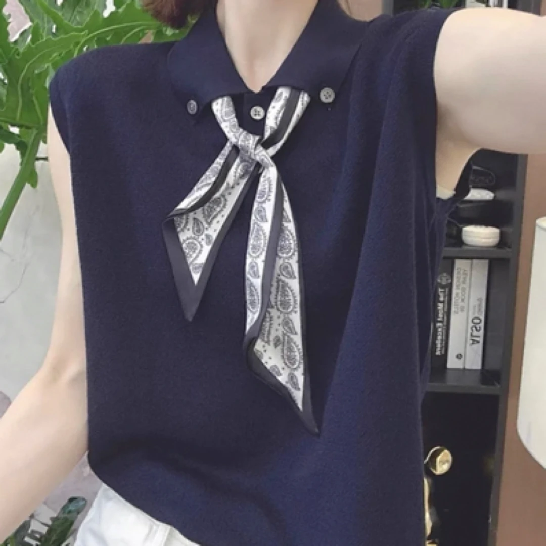 丝巾polo领百搭极简风女士宽松翻领宽松型设计师白色简约背心