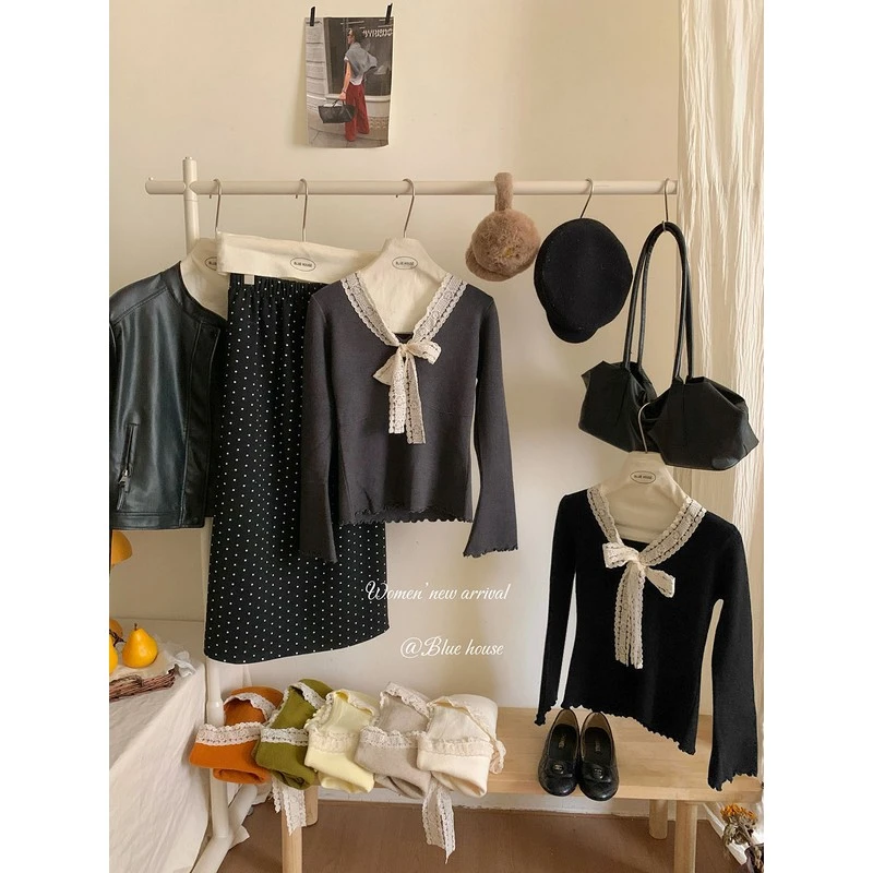 法式温柔复古蕾丝蝴蝶结系带长袖针织衫女冬外穿洋气小众精致上衣