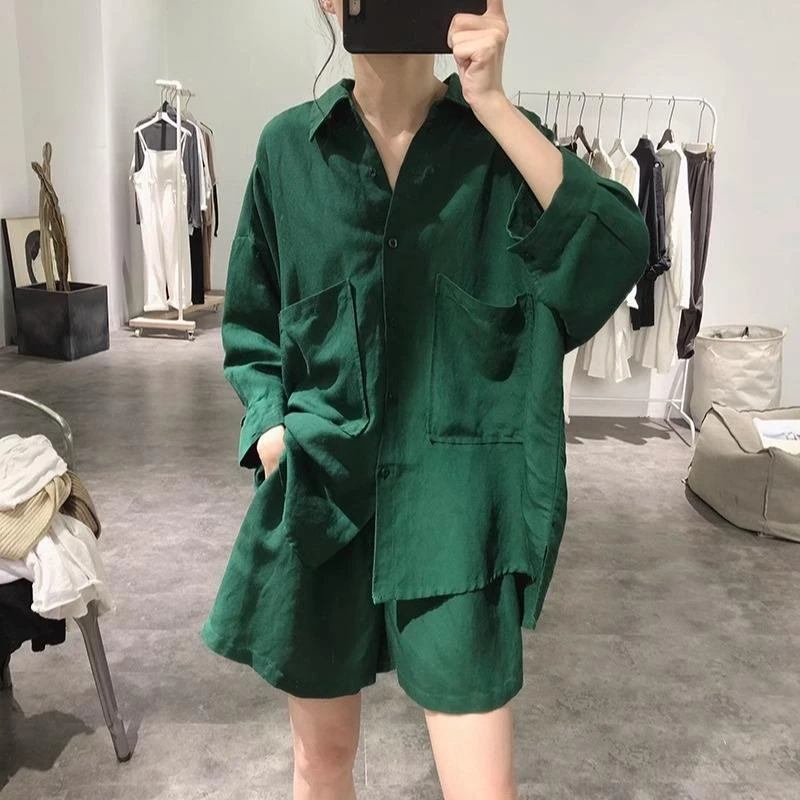 亚麻衬衫休闲套装女夏款薄款2025新款文艺棉麻衬衣阔腿短裤两件套