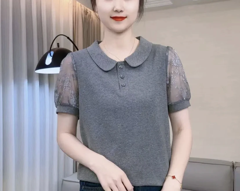 2025新品洋气娃娃领百搭时尚拼接蕾丝气质减龄显瘦短袖女T恤上衣