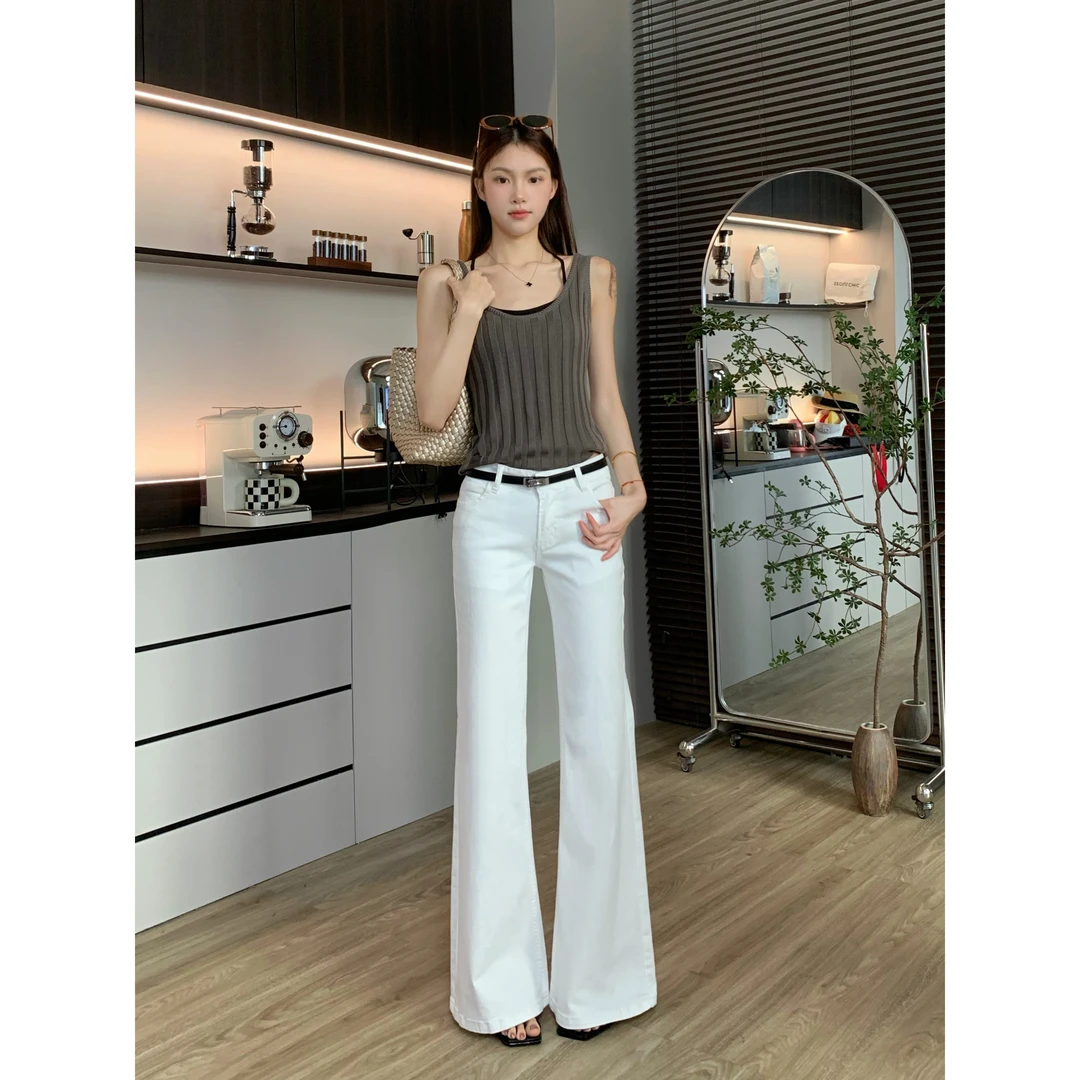 肚子7112低腰不贴腿微喇牛仔裤女春夏新款修身弹力直筒喇叭裤