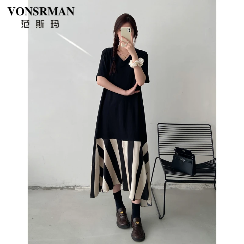 条纹拼接大码连衣裙女夏季2025新款时尚休闲气质V领宽松显瘦长裙