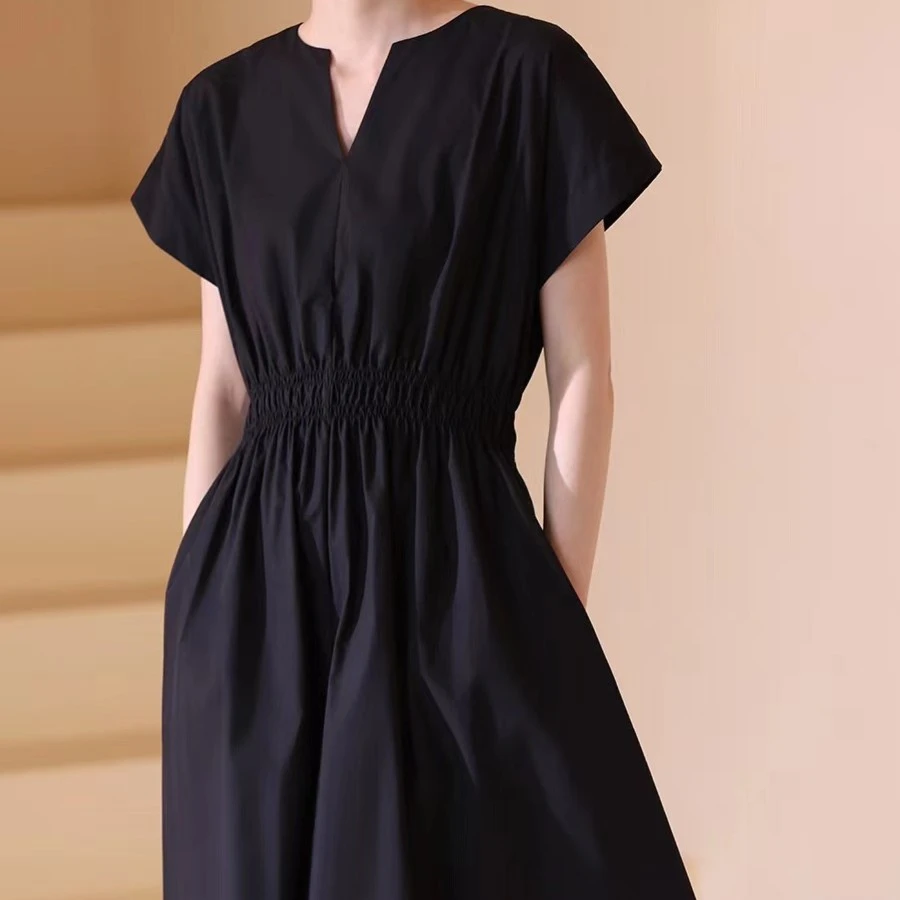 盐缩纯色v领气质优雅收腰显瘦连衣裙EO70