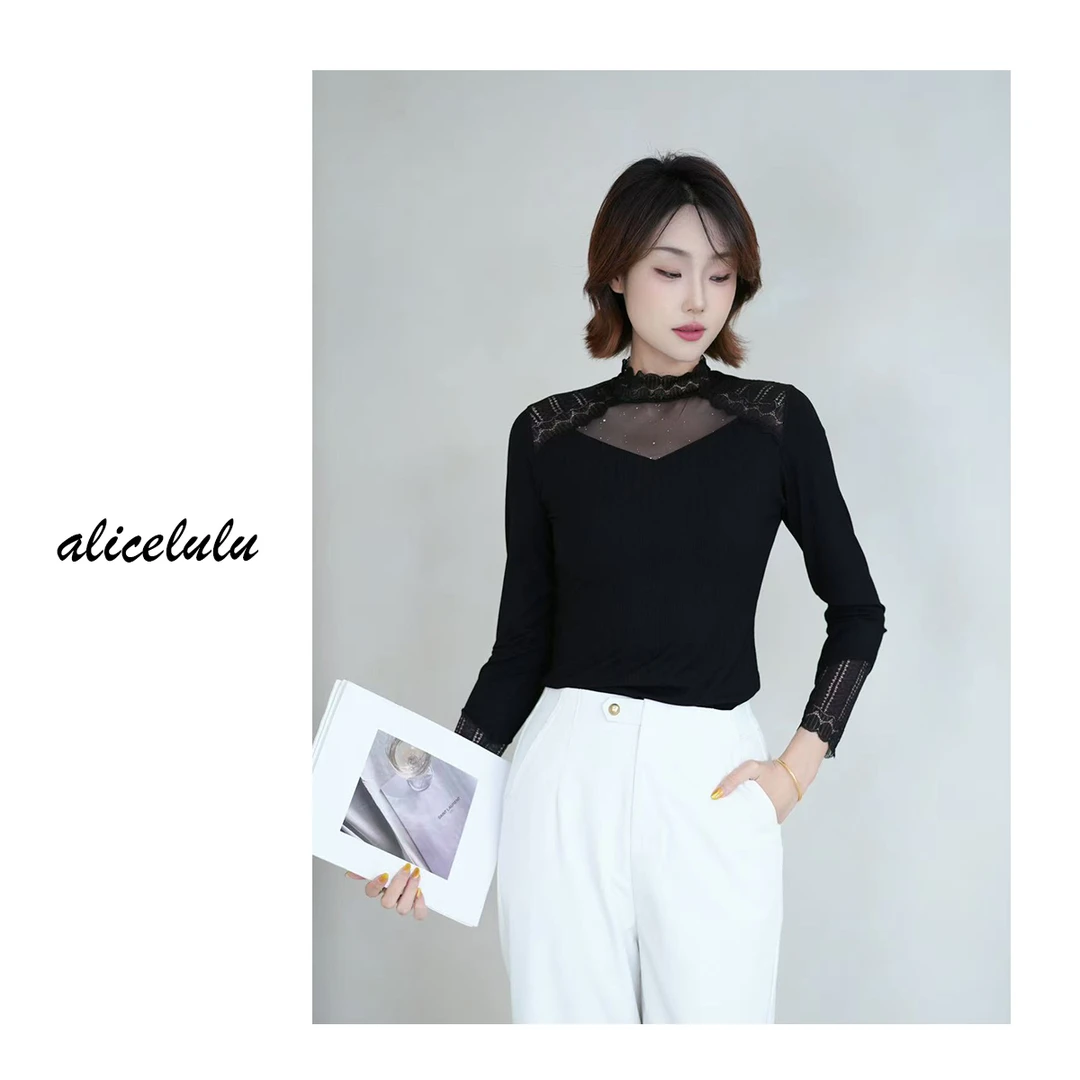 [alicelulu]时尚别致上衣设计感网纱蕾丝拼接打底衫S2144538T