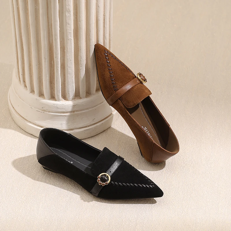 AMEINOR2025秋季新款尖头编织一字扣带时尚低调奢华女士单鞋0120