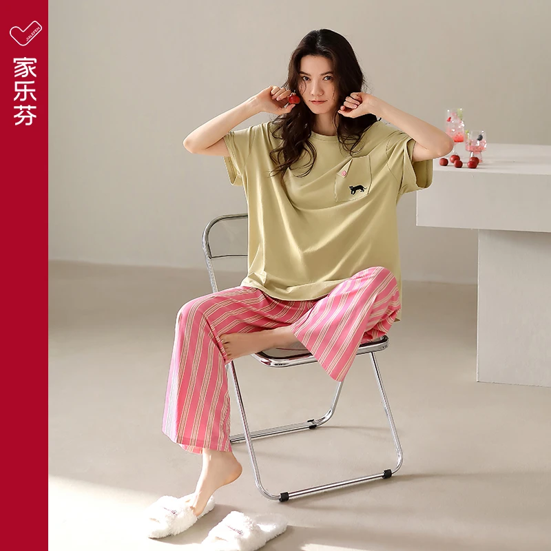 家乐芬睡衣女士夏季薄款短袖长裤莫代尔家居服冰丝粉色多巴胺套装