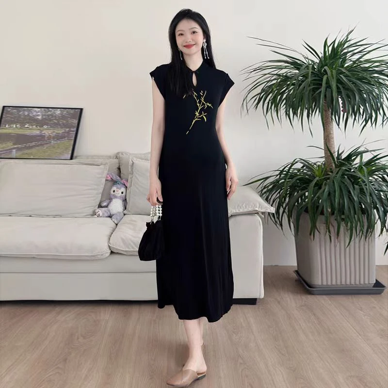 9067新款夏季新中式国风改良旗袍刺绣气质针织连衣裙
