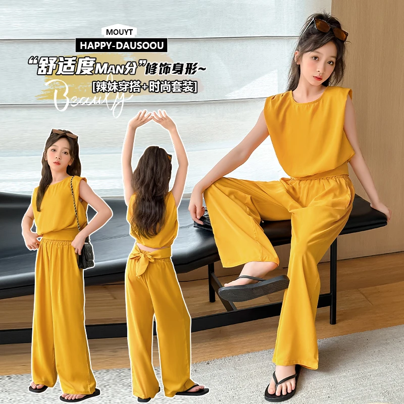 女童夏季时尚童装女2025夏款洋气无袖上衣阔腿裤两件套气质夏装潮