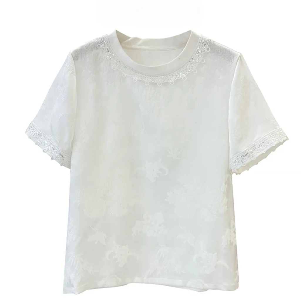 时尚宽松气质短袖上衣2025夏新中式提花亮片圆领重工百搭T恤女士