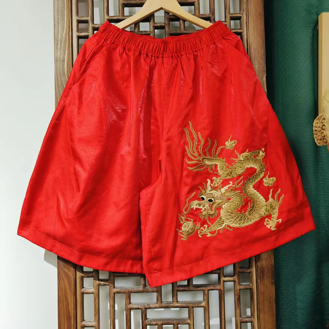 ( LK135-37)  凤徕兮定制红色光板底金龙刺绣全松紧加衬六分裤