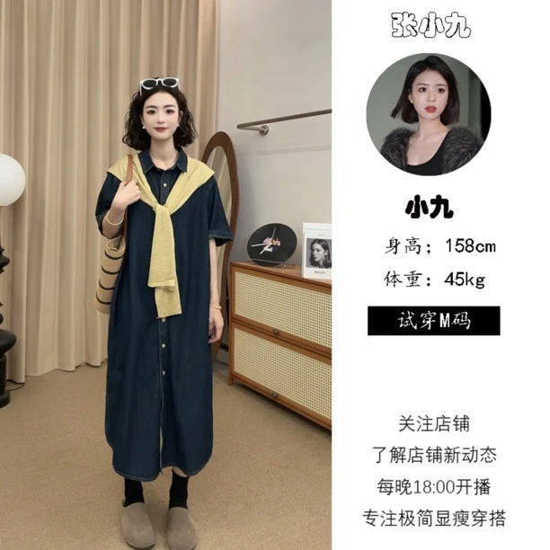 【张小九】夏季衬衫领薄款单排扣刺绣设计宽松显瘦衬衫裙Z1845