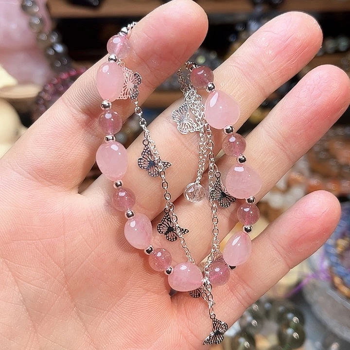 水晶手链未镶嵌粉水晶爱心手链